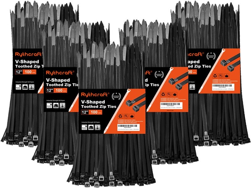 Rythcraft Zip Ties Heavy Duty 12 inch，V-Shaped Toothed Double Sided With 200 LBS Tensile Strength Cable Ties ，Extra Large Wire Ties Adjustable Nylon Tie Wraps for Indoor Outdoor Patented Design（400 Pack Black） - Image 1